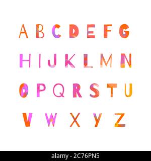 Alfabeto in viola, arancione, giallo, rosa. Collage di elementi abc isolati su bianco. Set di lettere maiuscole perfetto per la stampa e poster. EPS vettoriale 10. Illustrazione Vettoriale