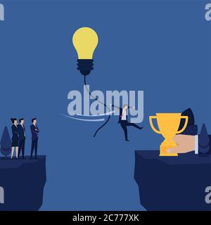 Uomo d'affari salto con corda da idea palloncino a trofeo metafora di rischio di sfida. Illustrazione Vettoriale