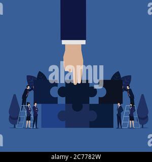 Il pezzo di squadra di puzzle di tenere la mano di affari si unisce per abbinare la metafora di puzzle di cooperazione e lavoro di squadra. Illustrazione Vettoriale