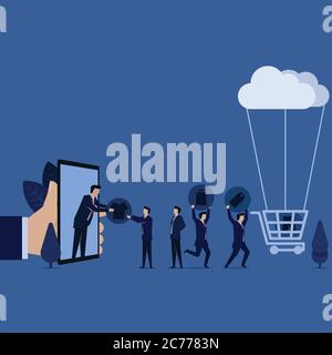 Il team di affari porta i jeans vestiti icone sconto per il carrello metafora di acquisto ordine online. Illustrazione Vettoriale