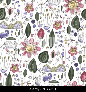 Motivo vettoriale senza cuciture con doodle floreale. Wild flower Summer sfondo disegnato a mano con natura trendy illustrazione astratta schizzo con salvare reale texture. Illustrazione Vettoriale
