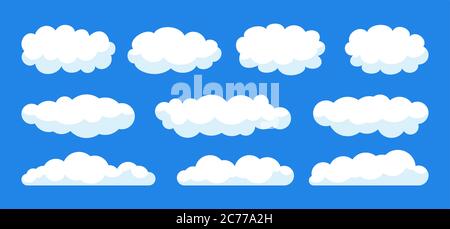 Cloud con ombra e volume impostati. Astratto nuvoloso collezione stile cartoon piano. Etichetta, simboli le nuvole formano nuvole diverse. Natura elementi meteo cielo. Illustrazione vettoriale isolata Illustrazione Vettoriale