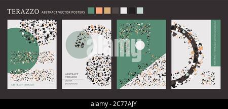 Poster interno del terazzo vettoriale. Set di composizione per forme fresche. Contrasto astratto textured sfondo fatto con reale rotto piccole mattonelle chip. Collezione di carte d'arte in marmo di colore moderno per stampa e web. Illustrazione Vettoriale