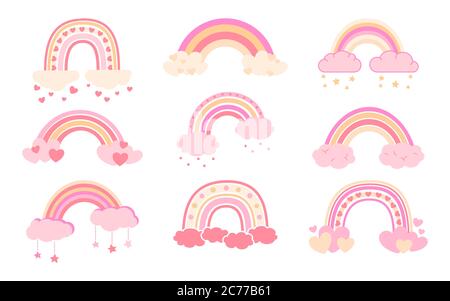 Arcobaleno pastello impostare stile cartoon piatto. Arcobaleni con nuvole collezione astratta disegnata a mano. Elementi meteo carini per bambini. Per poster, stampa, biglietti, tessuti o libri. Illustrazione vettoriale isolata Illustrazione Vettoriale
