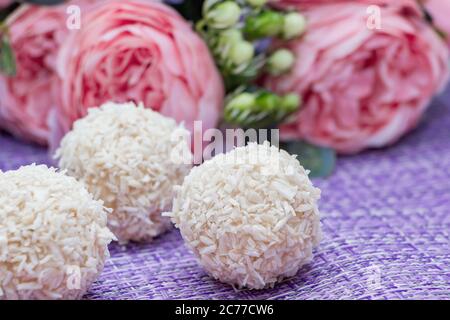 Dolci fatti in casa - caramelle in fiocchi di cocco primo piano Foto Stock