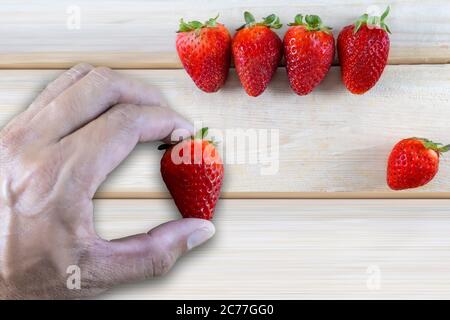 Mano uomo che tiene fragole fresche con fragole fresche su sfondo tavola di legno con spazio per la copia per testo o disegno. Foto Stock