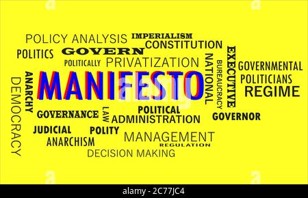 Manifesto una terminologia politica presentata con la parola politica vettore nube astratto. Illustrazione Vettoriale