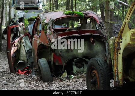 Vecchie auto fuori servizio lasciato in un cimitero auto. Foto Stock