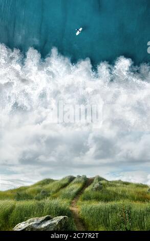 Surreale sogno Escursionismo scena di un Tall Green Grass Trail che conduce su una collina con l'Oceano Blu e una barca nel cielo Foto Stock