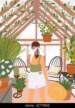 Donna che ama fiori e piante nella splendida serra, vista dal retro. Illustrazione vettoriale in stile piatto Illustrazione Vettoriale