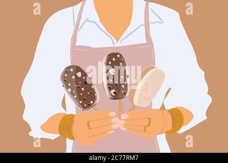 Donna in grembiule che tiene tre gelati al cioccolato su un bastone, primo piano. Illustrazione vettoriale in stile cartoon piano Illustrazione Vettoriale