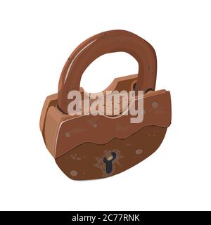 Blocco isolato su sfondo bianco. Vecchio lucchetto in metallo chiuso. Serratura in acciaio per la massima privacy. Sicurezza e sicurezza. Amore per sempre concept.Stock vettore Illustrazione Vettoriale