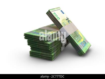 Una pila di banconote europee in euro in blocco su un fondo isolato - rendering 3D Foto Stock