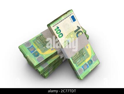 Una pila di banconote europee in euro in blocco su un fondo isolato - rendering 3D Foto Stock