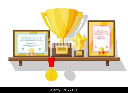 Collezione Trofei e premi su scaffale in legno. Diploma e certificato in cornici. Premi, coppe e medaglie. Premio, vittoria, obiettivo, successo campione. Illustrazione vettoriale in stile piatto Illustrazione Vettoriale
