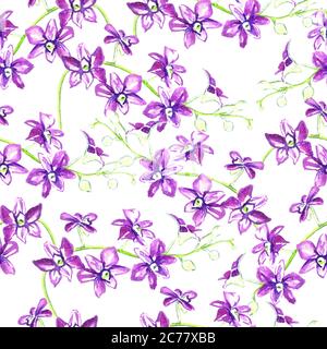 Fiori orchidee Dendrobium isolati su illustrazione dipinta a mano bianca, disegno senza giunture su sfondo bianco Foto Stock