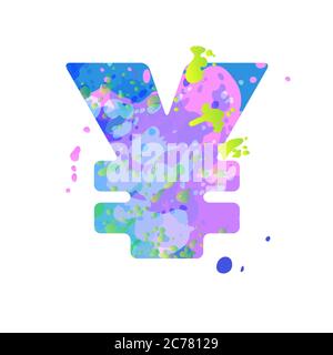 Simbolo speciale segno yen con effetto di macchie liquide di vernice in blu, verde, rosa, isolato su sfondo bianco. Elemento decorativo per la progettazione di volantini, poster, calendario, copertina, titolo. Illustrazione Vettoriale