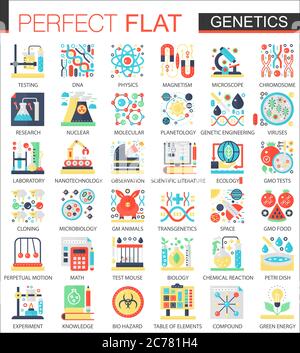 Biochimica, biologia genetica vettore complesso icone piatte simboli concettuali per web infografica design Illustrazione Vettoriale