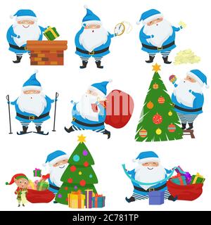 Vector Set di Natale Babbo Natale in camice blu. Insieme di simpatici personaggi cartoni animati con diverse emozioni e pose Illustrazione Vettoriale