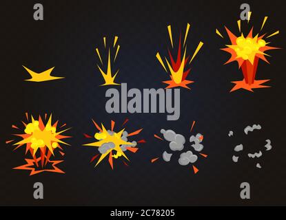 Effetto esplosione del braccio del cartone animato vettoriale con fumo. Animazione di esplosione flash per il gioco Illustrazione Vettoriale