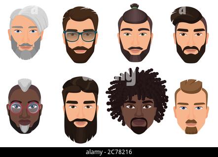 Colorati hipster cartoon portavano uomini ragazzi avatar con diversi acconciature, barba e baffi isolati Illustrazione Vettoriale