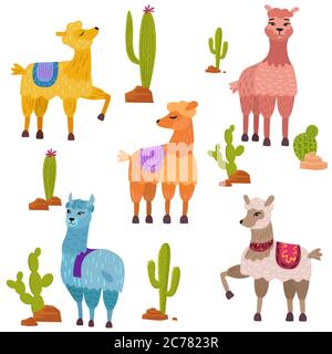 Insieme vettoriale di simpatici personaggi di lamas cartoon con cactus Illustrazione Vettoriale