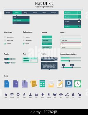 Kit interfaccia utente piatta. Progettare applicazioni mobili e siti Web. Modello di interfaccia del sito Web con pulsanti, icone, menu, elenco a discesa Illustrazione Vettoriale