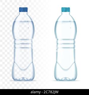 Bottiglie vettoriali realistiche in plastica con acqua e tappo blu su sfondo trasparente. Boccetta realistica Illustrazione Vettoriale