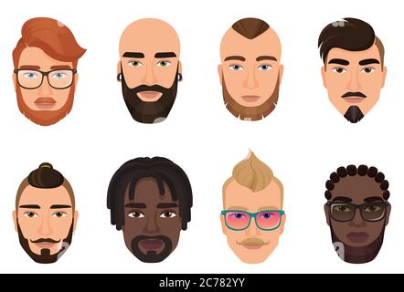 Avatar di uomini portatori hipster cartoon con acconciature moderne, baffi e barbe isolate Illustrazione Vettoriale