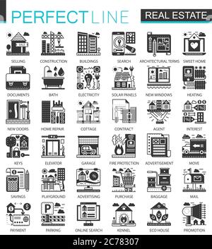 Mini icone concettuali nere e simboli infografici immobiliari Illustrazione Vettoriale