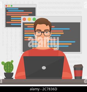 Il programmatore MAN sta lavorando con il codice del computer portatile. Programmazione del programmatore Illustrazione Vettoriale