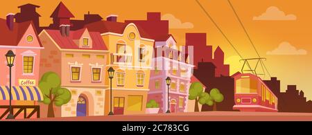 Storica strada cittadina all'alba o al tramonto. Banner della città vecchia con tram. Illustrazione vettoriale cartoon. Illustrazione Vettoriale