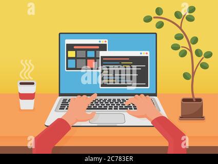 Programmazione, codifica concetto di sviluppo web. Programmatore mani di programmazione usando il laptop. Codice sullo schermo lapto . Illustrazione vettoriale piatta Illustrazione Vettoriale