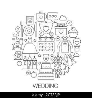 Matrimonio in cerchio - illustrazione della linea di concetto per copertina, emblema, badge. Icone di stroke sottile di nozze. Illustrazione Vettoriale