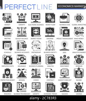 Vector Economics mercato nero mini icone concettuali e simboli infografici Illustrazione Vettoriale