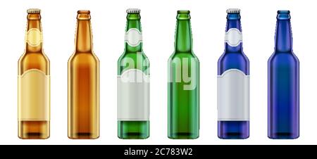 Vector realistico bianco verde, giallo e blu bottiglia di birra design Illustrazione Vettoriale