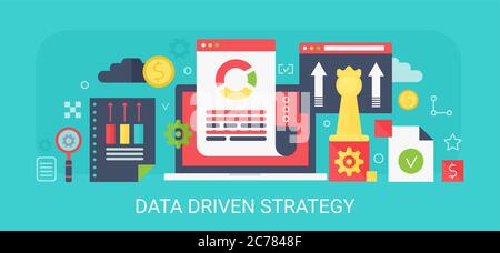 Banner Flat Modern Vector Concept Data Driven Strategy con icone e testo Illustrazione Vettoriale