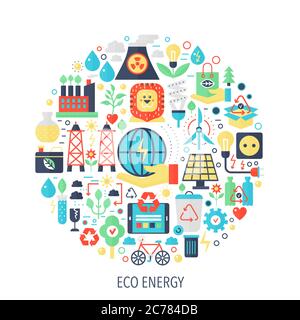 Icone ecologiche di fondo piatto energetico in cerchio - illustrazione del concetto di colore per la copertura ecologica, emblema, modello Illustrazione Vettoriale