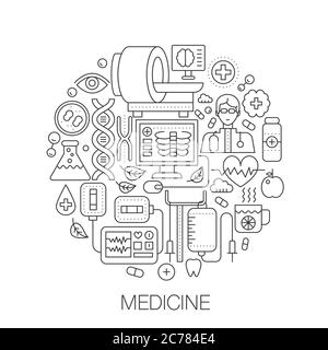 Medicina e salute in cerchio - illustrazione della linea di concetto per copertina, emblema, badge. Icone di tratto a linea sottile della medicina. Illustrazione Vettoriale