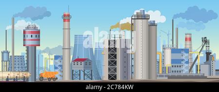 Paesaggio industriale con fabbriche e impianti di produzione. Illustrazione del settore Flat Vector Illustrazione Vettoriale