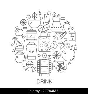 Bevande in cerchio - illustrazione della linea di concetto per copertina, emblema, badge. Alcol, caffè tè, icone di tratto sottile Illustrazione Vettoriale