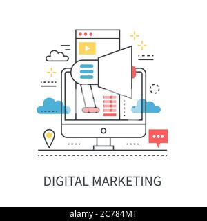 Concetto di marketing digitale isolato su sfondo bianco. Illustrazione Vettoriale
