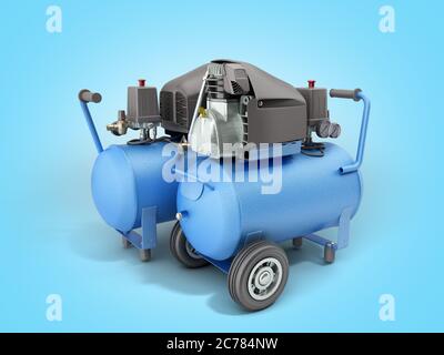 Rendering 3d moderno Blue Air Compressor su sfondo blu a gradiente Foto Stock