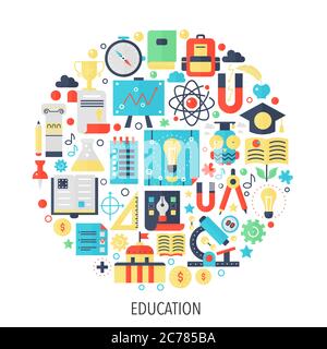 Università, scuola Istruzione flat infografiche icone in cerchio - illustrazione del concetto di colore per la copertura scolastica, emblema, modello Illustrazione Vettoriale