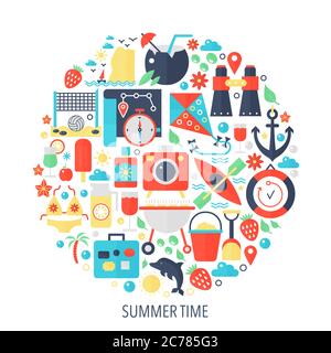 Estate vacanza flat infografiche icone in cerchio - illustrazione del concetto di colore per l'estate copertura, emblema, modello Illustrazione Vettoriale