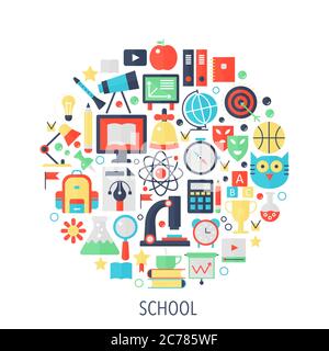 Istruzione scolastica icone infografiche piatte in cerchio - illustrazione del concetto di colore per la copertura scolastica, emblema, modello Illustrazione Vettoriale