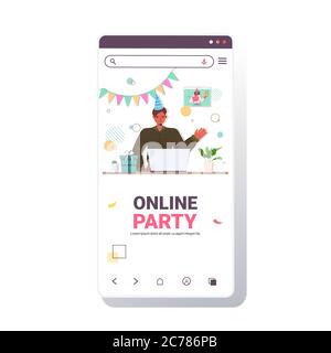 uomo in cappello festivo festivo festeggiamenti per la festa di compleanno online durante la videochiamata celebrazione concetto di riunione virtuale smartphone schermo copia spazio illustrazione vettoriale Illustrazione Vettoriale
