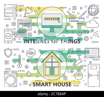 Banner vettoriali su linea sottile per Internet delle cose e Smart House Illustrazione Vettoriale