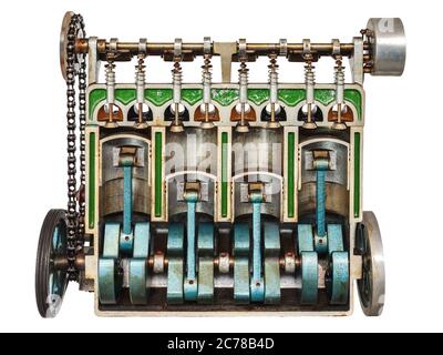Modello vintage di un motore per auto classico con particolare attenzione ai pistoni utilizzati a scopo didattico Foto Stock
