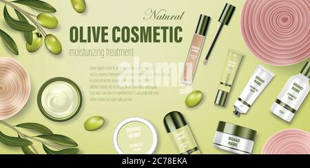 Poster pubblicitario. Realistico vaso di vetro con olive verdi e fiori morbidi. Crema viso, lavaggio corpo, lozione, deodorante, maschera per bottiglie cosmetiche Illustrazione Vettoriale